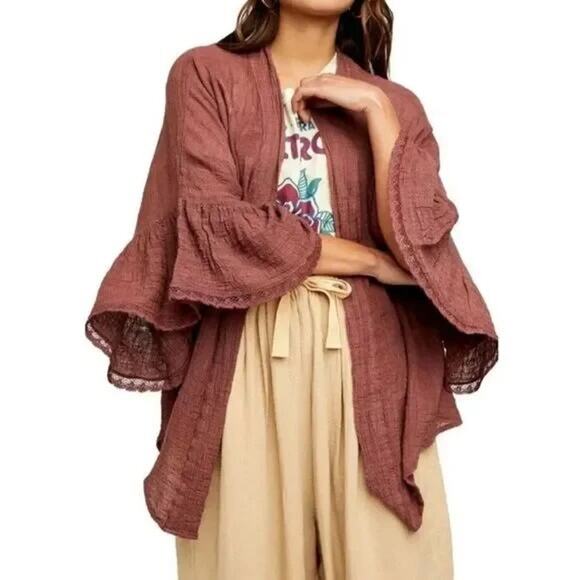 Free People kimono boho Rosebud Guaze Cotton Festival Hippie Grunge Peasant OS - Picture 1 of 12